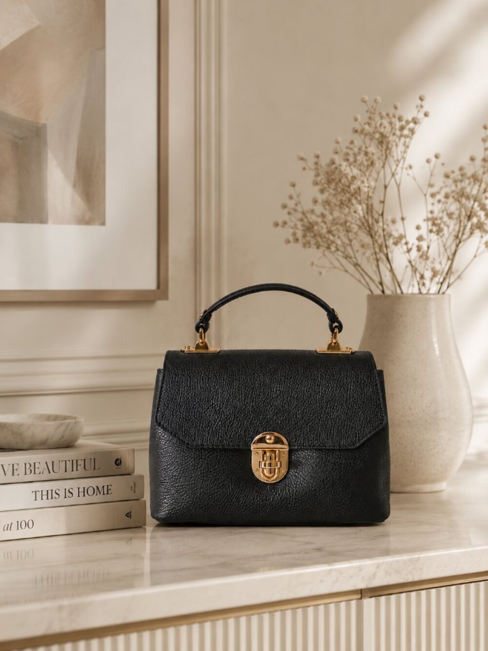 Black Italian Leather Mini Bag, Structured Crossbody Purse, Gold Hardware